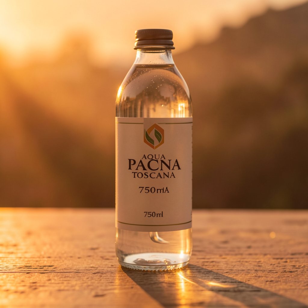 Flasche mit natürlichem Mineralwasser, schlicht und ruhig fotografiert