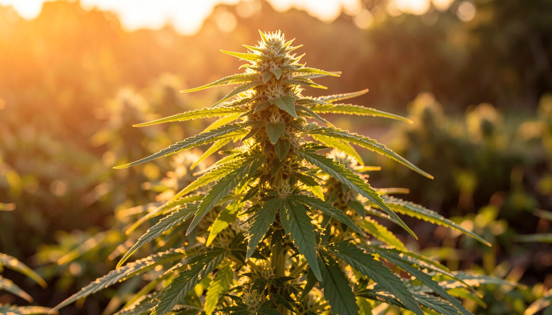 Grüne Cannabis-Pflanze in der Blütephase, warmes Sonnenlicht auf den Blättern, natürliche Outdoor-Umgebung