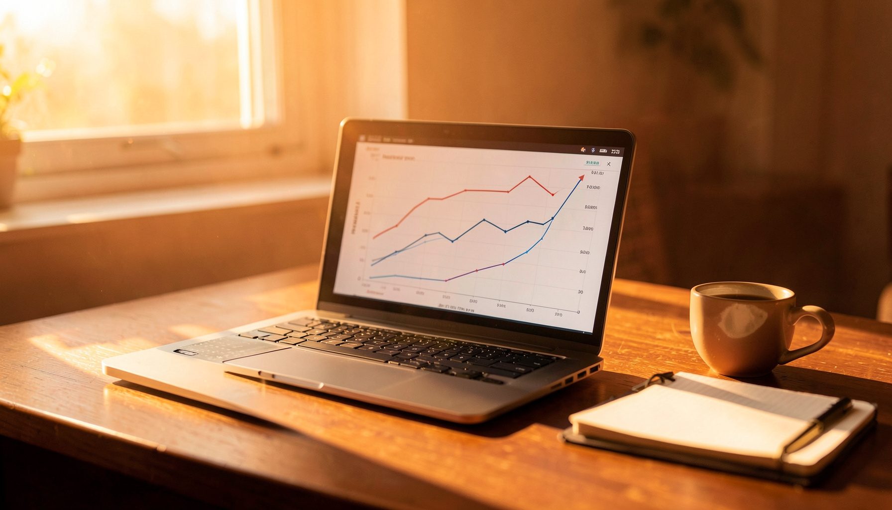 Schreibtisch mit Laptop, darauf ein Chart mit steigenden Kurslinien, daneben eine Tasse Kaffee und ein Notizblock, warmes Morgenlicht fällt durch ein Fenster